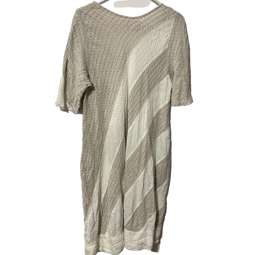 Grizas Linen Beige Striped Crinkled Lagenlook Pocket Stretch A-Line Dress Sz L‎ - Picture 2 of 6
